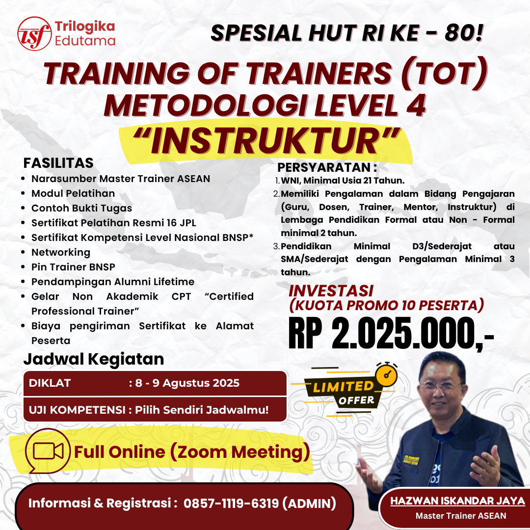 SPESIAL PROMO HUT RI KE-80! DIKLAT & SERTIFIKASI BNSP TOT L4 - INSTRUKTUR FULL ONLINE